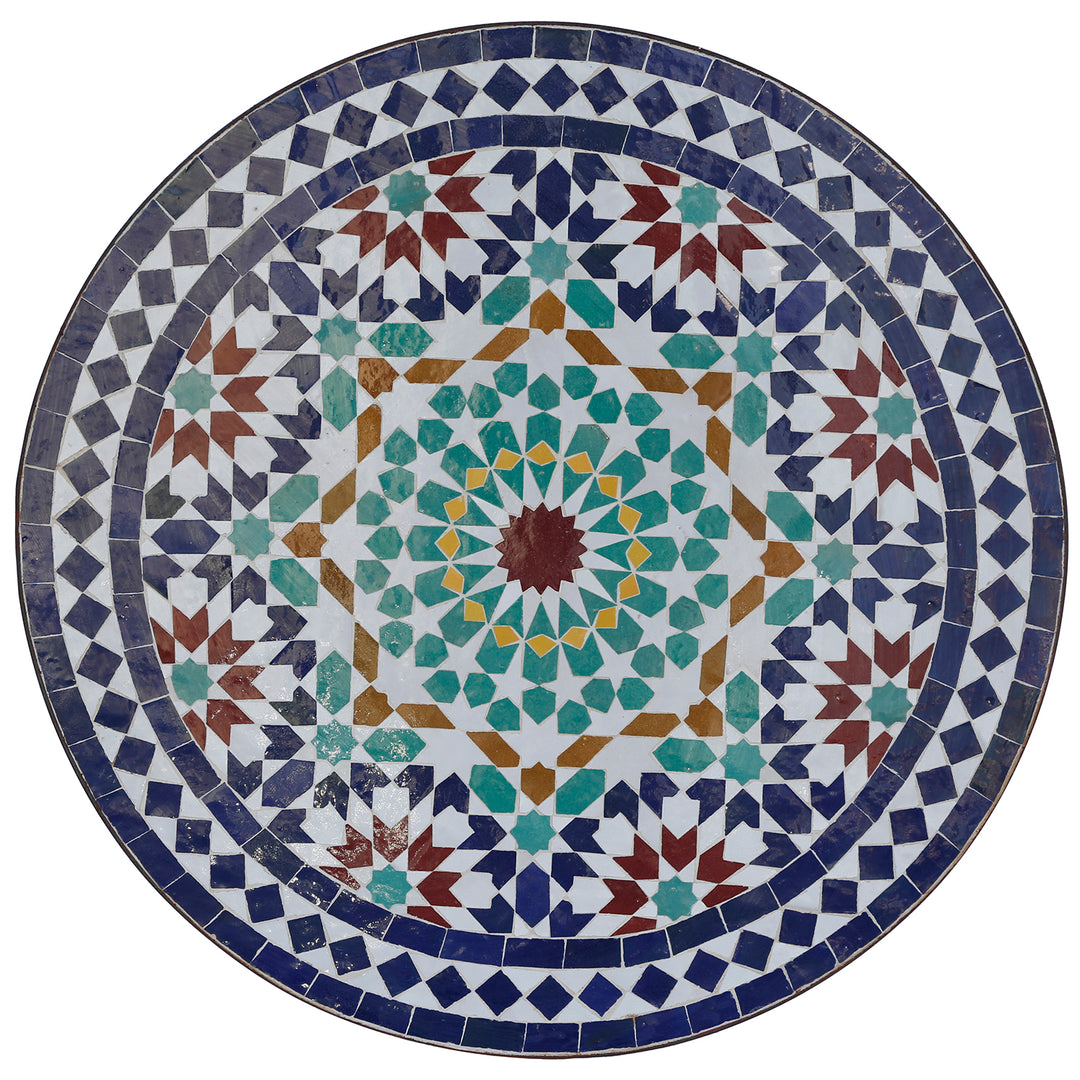 Patio table Ø60 cm with traditional Zellige mosaic in blue, turquoise, white, ocher and red