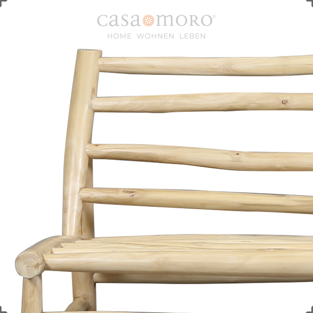 Teak three-seater sofa 180 × 86 × 72 cm, natural wood frame with seat and back cushions