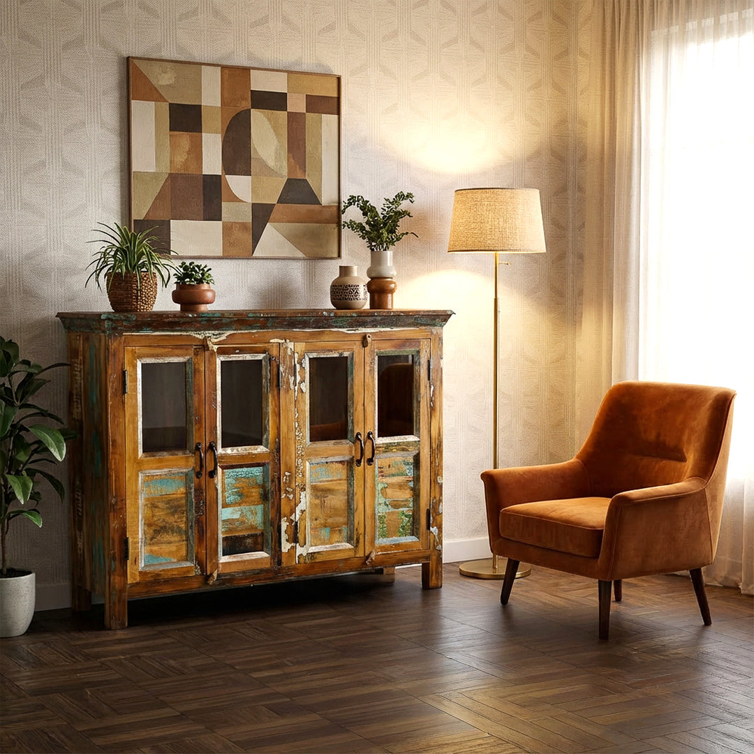 Vintage sideboard made of reclaimed wood with glass doors in the living room