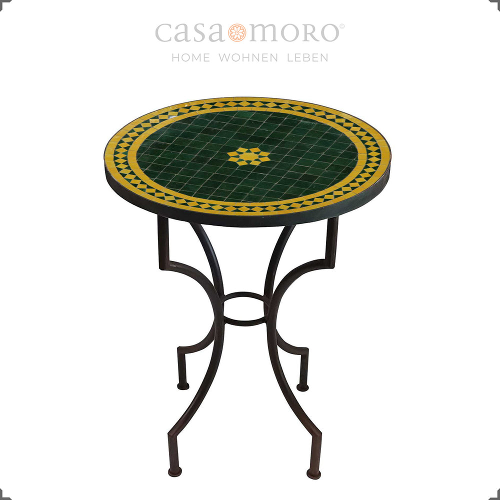 Bistro table with zellige mosaic in green and yellow on a curved frame