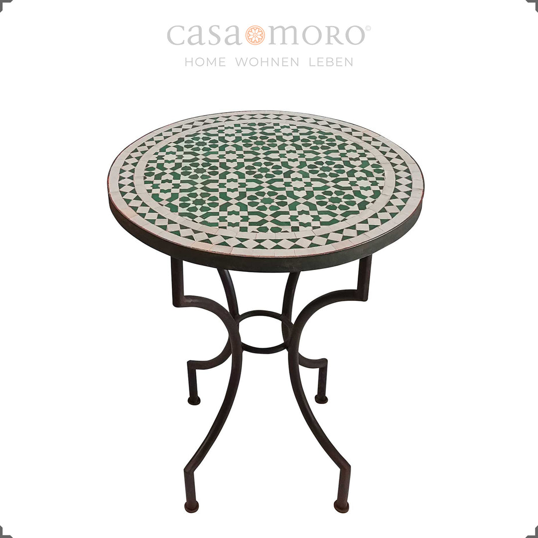 Handmade garden table with zellige pattern in green and white, round bistro table