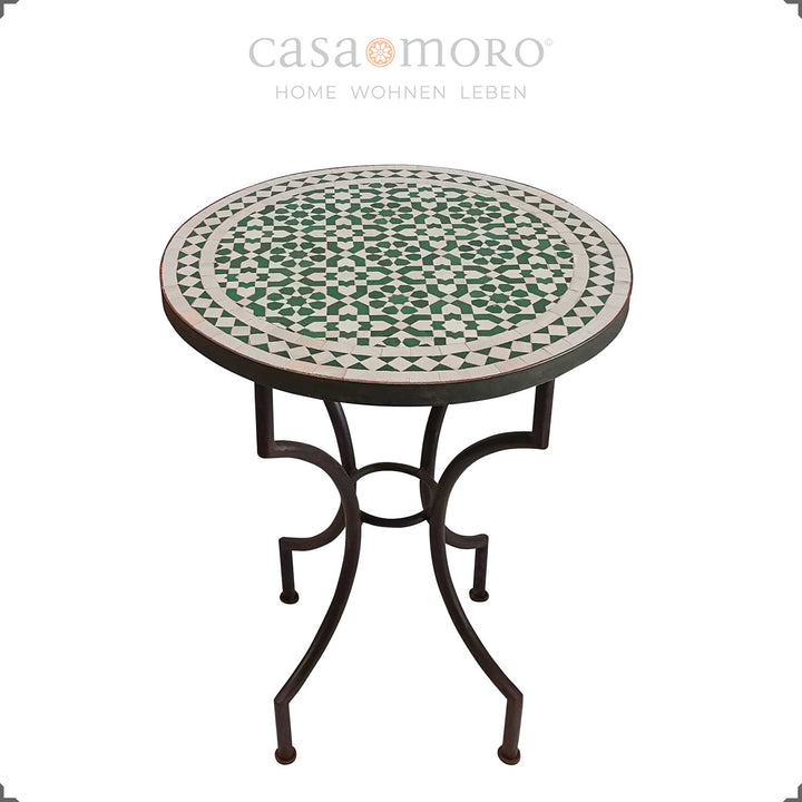 Handmade garden table with zellige pattern in green and white, round bistro table