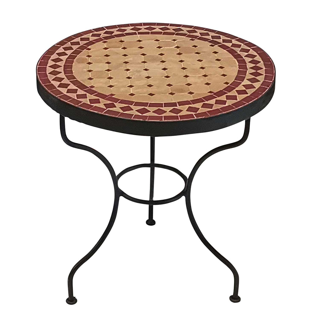Mosaic table with a star pattern in warm red tones, retro-inspired and urban