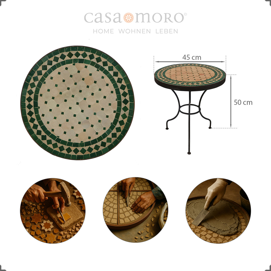 Round plant table with zellige tiles in green and natural tones, ideal for small areas