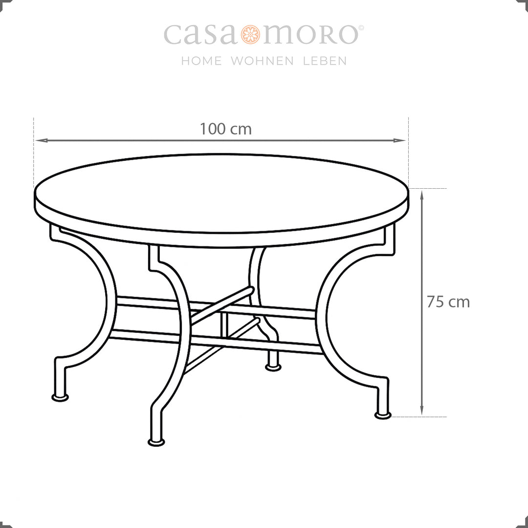 Table size: 100cm diameter, 75cm height - suitable for four people