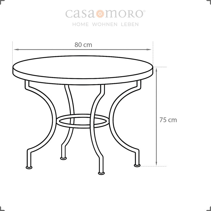 80 cm diameter, height 75 cm - compact table for small rooms and terraces" TITLE: "Dimensions: 80 x 75 cm