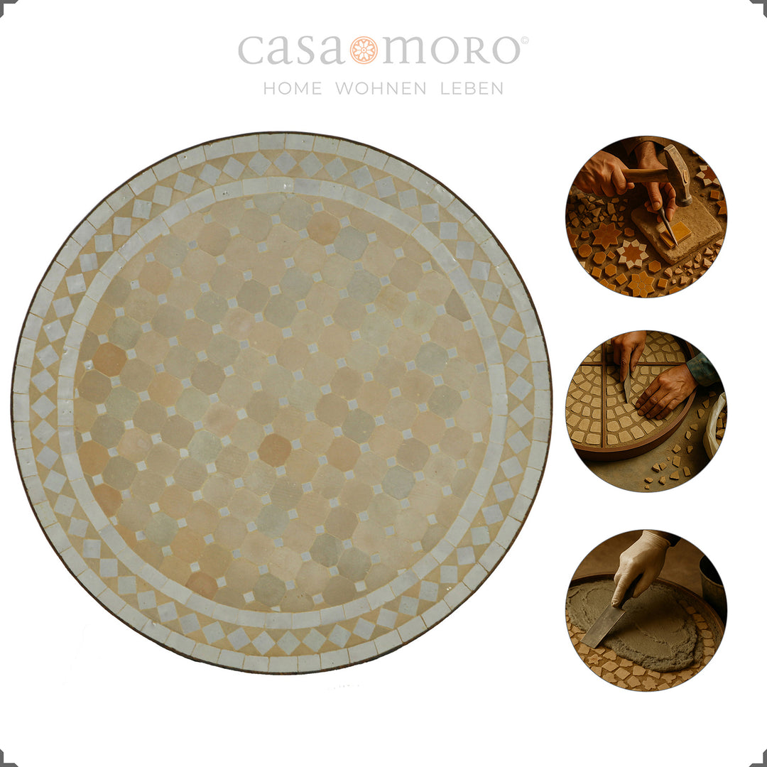 Table height 75 cm, Ø 60 cm, approx. 18 kg loose mosaic plate in a classic round shape