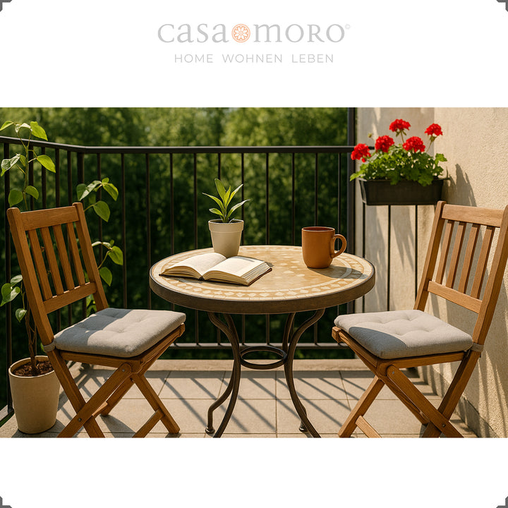 Mosaic balcony table with clear lacquer-sealed wrought iron frame, without screws