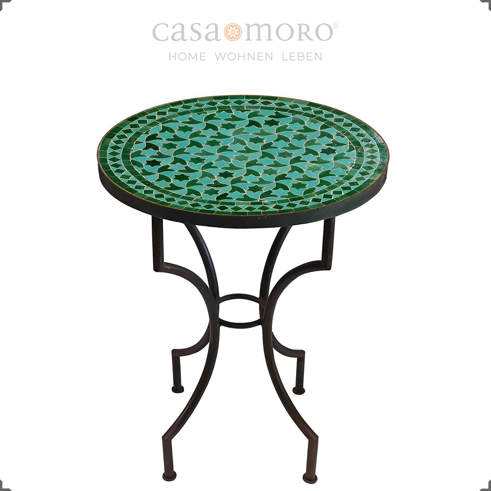Balcony table with green Zellige mosaic and curved metal frame - stylish & compact