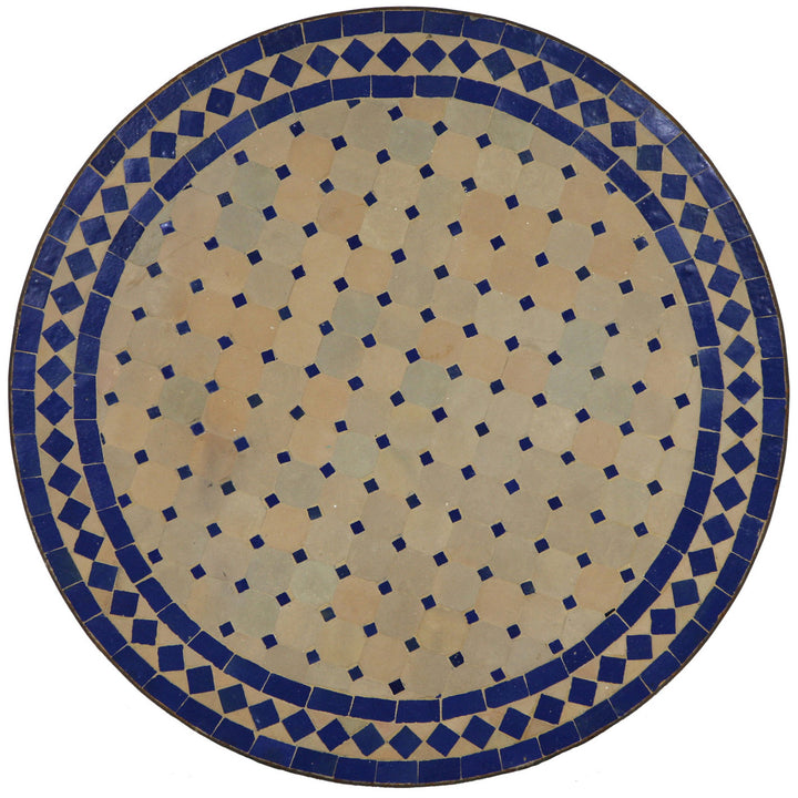 Garden table round 120 cm with handmade Zellige mosaic in blue and terracotta