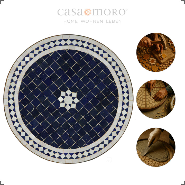Blue mosaic table in the garden - stylish dining table for two people