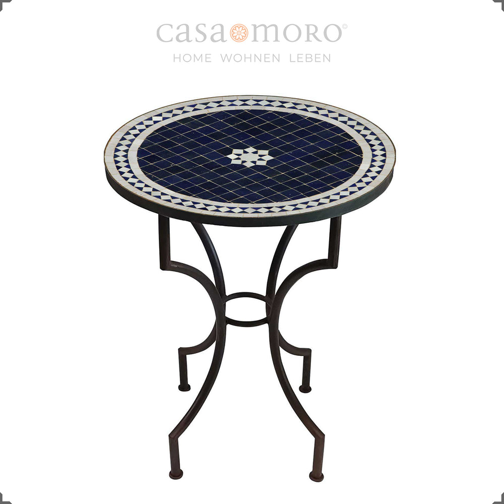 Balcony table with blue mosaic top and metal frame – Ø 60 cm