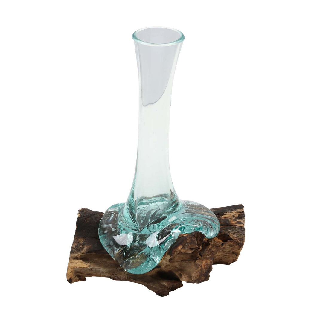 Glass vase on burl wood A25