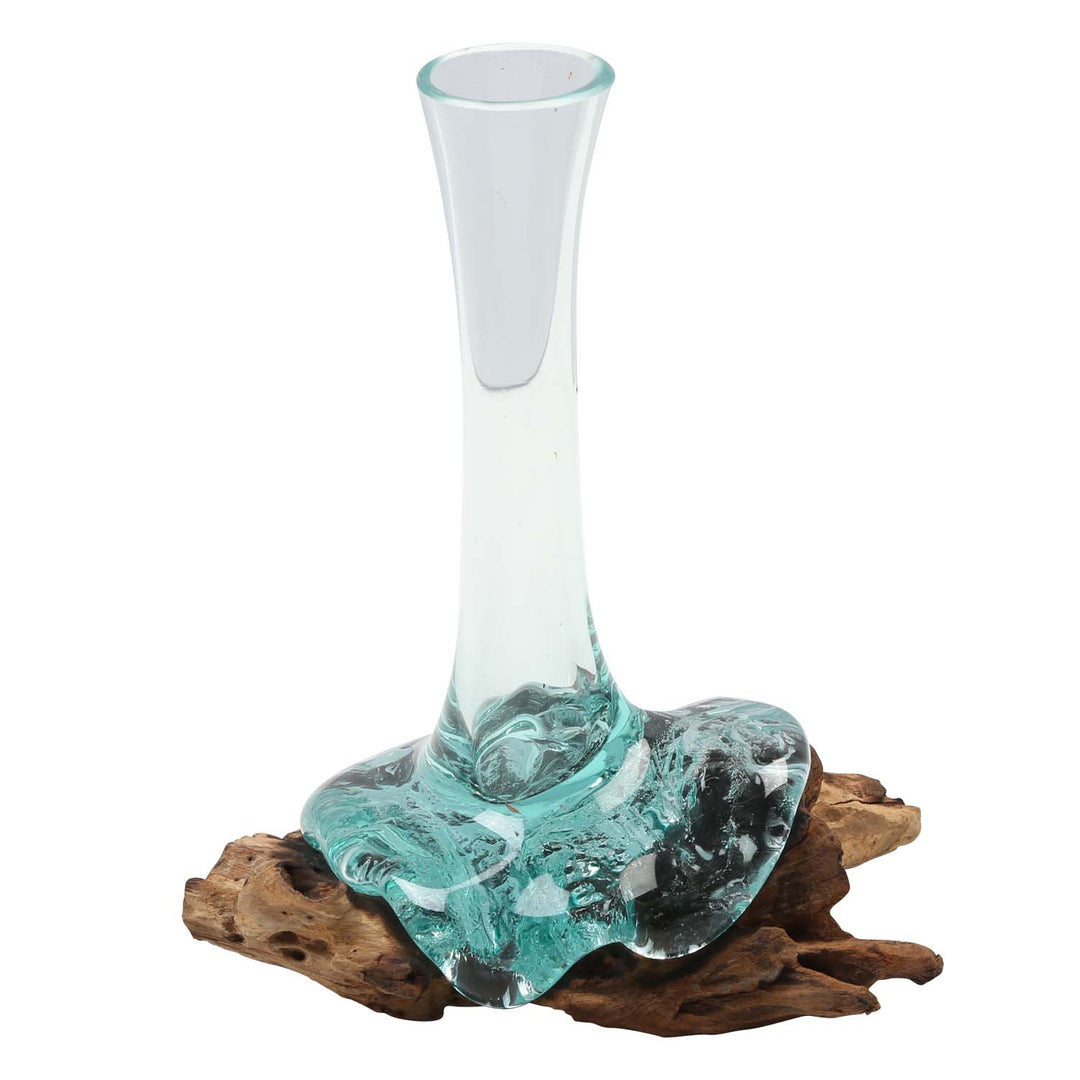 Glass vase on burl wood A25
