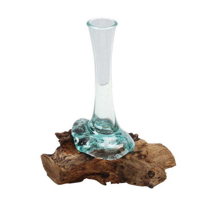 Glass vase on burl wood A25