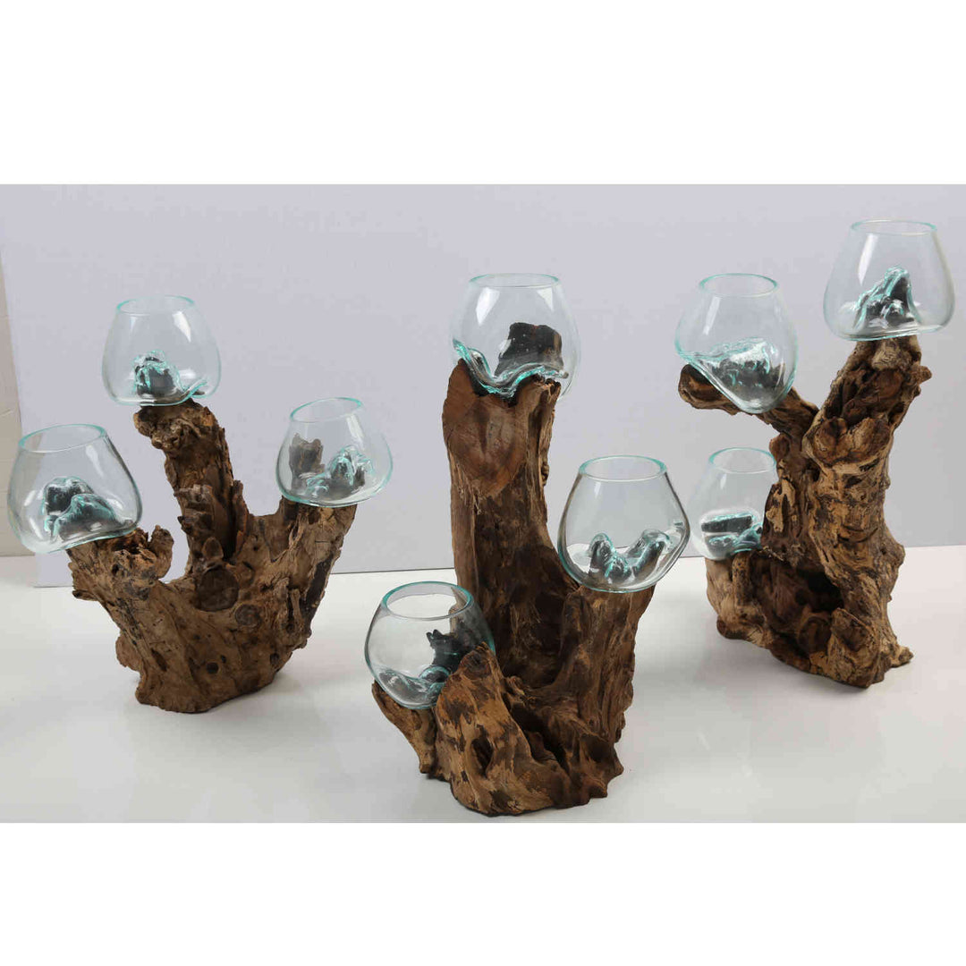 Three glass vases, 12 cm, on burl wood