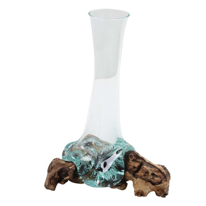 Glass vase on burl wood A26