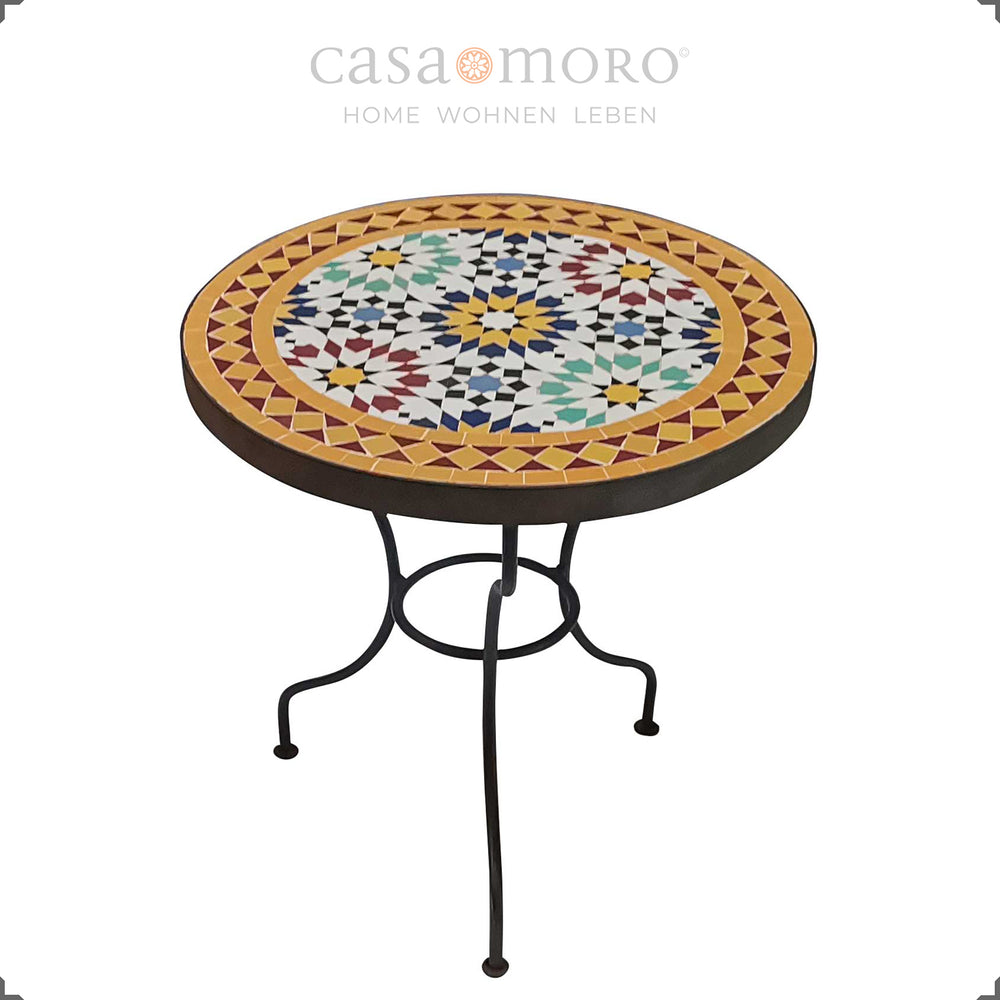 Multicolor coffee table with star-shaped tile pattern, handmade in Morocco