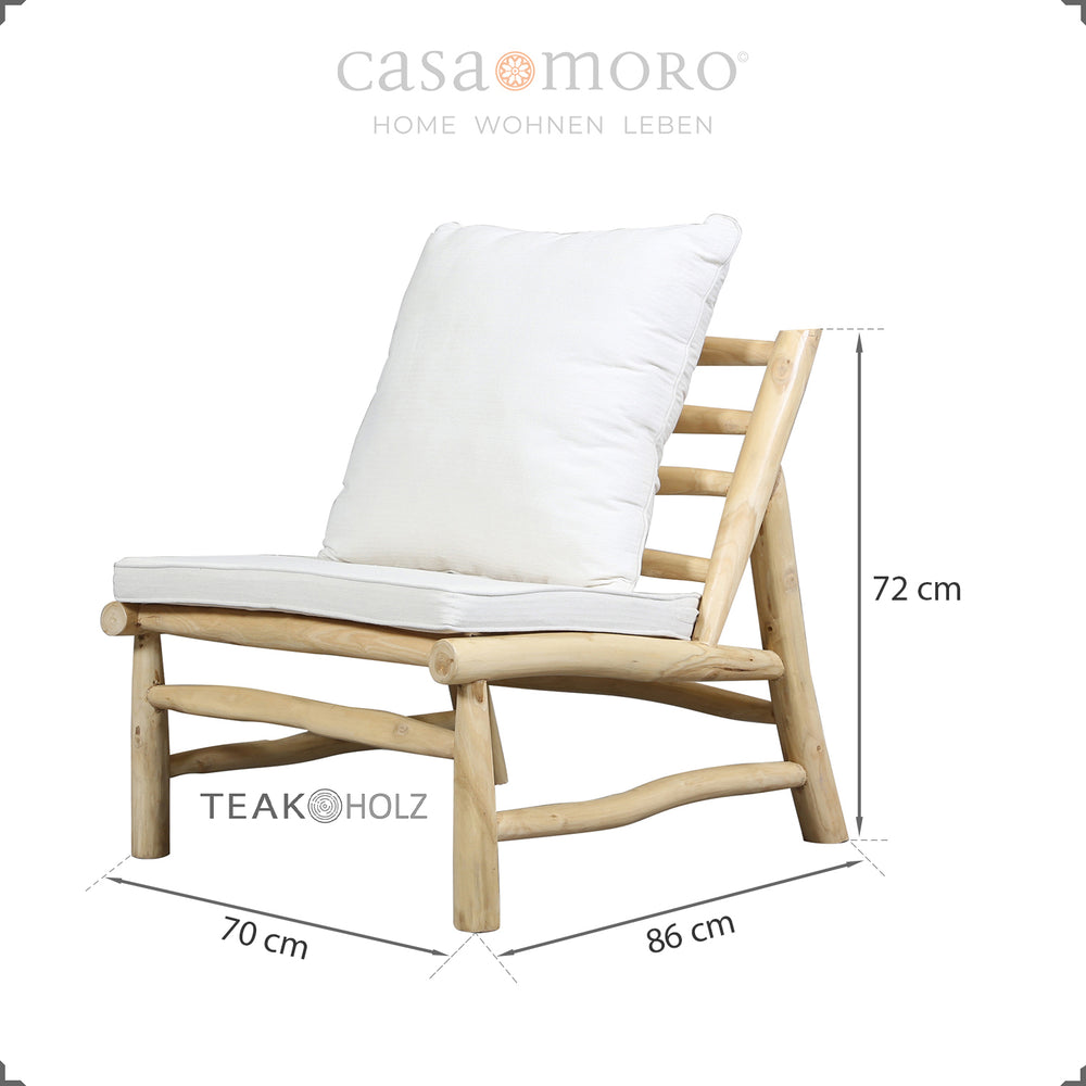 Lounge chair made of natural teak with PU foam cushions, suitable for outdoor use