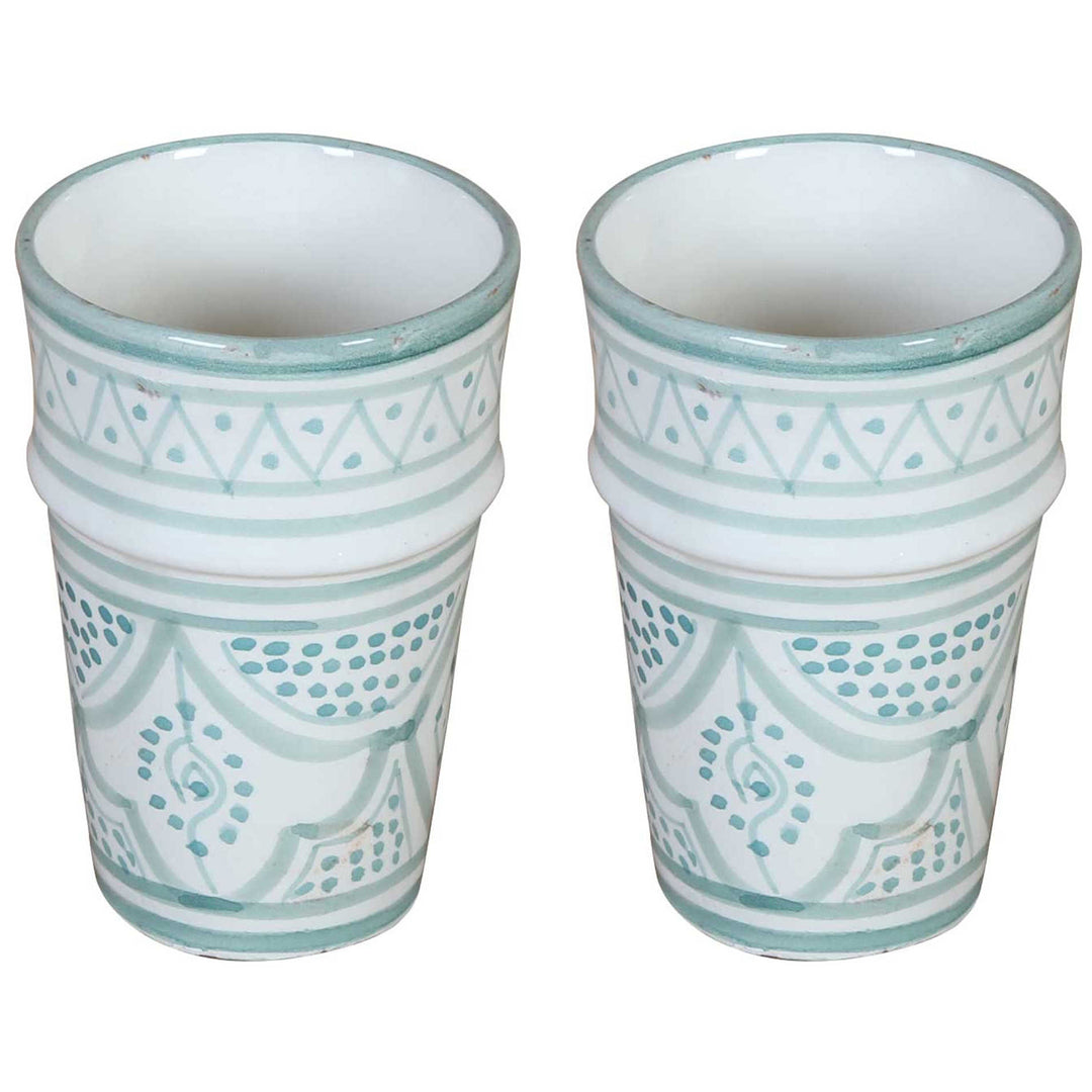 Moroccan Sakina Ceramic Mugs, Light Green and White, Set of 2