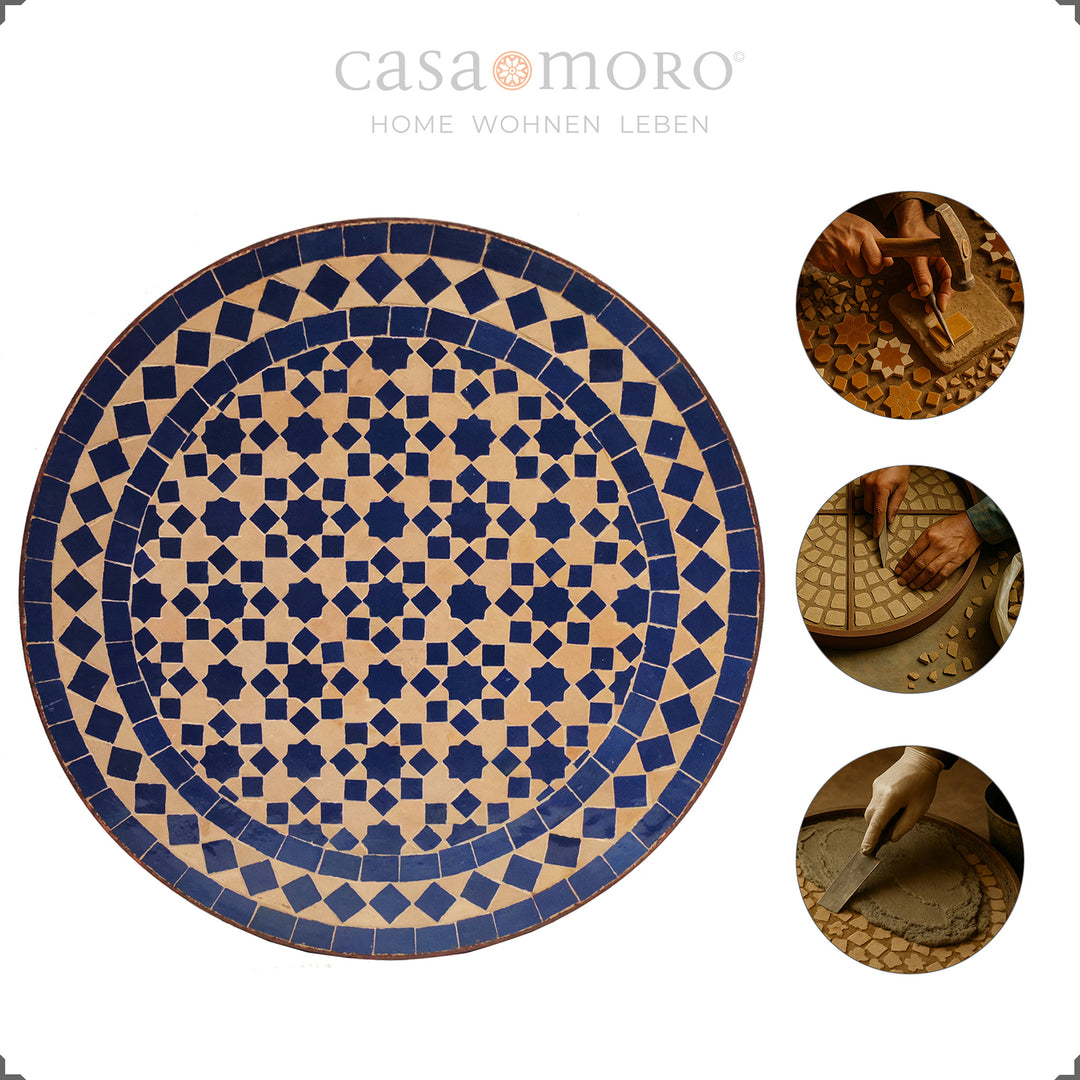 Classic mosaic table in blue and terracotta with an oriental pattern - ideal for the living room or balcony