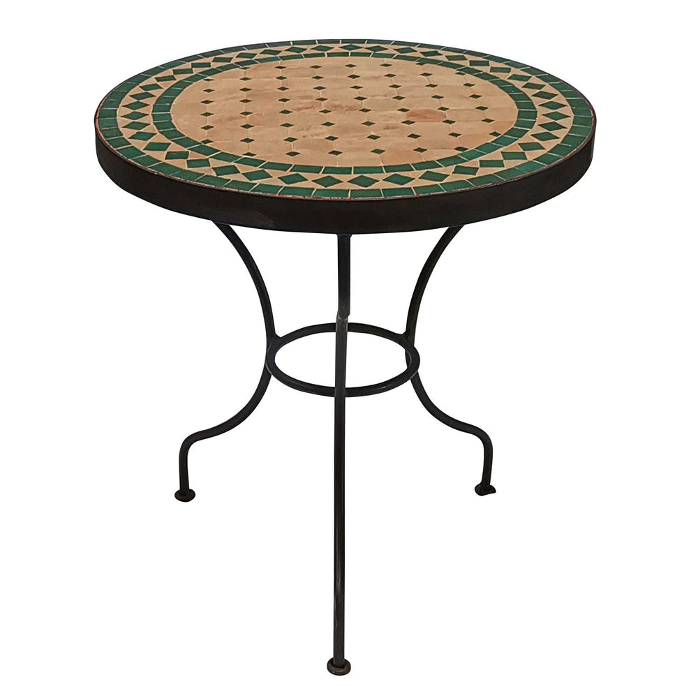 Compact mosaic table with green terracotta surface, round format, handmade in Morocco