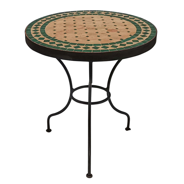 Compact mosaic table with green terracotta surface, round format, handmade in Morocco