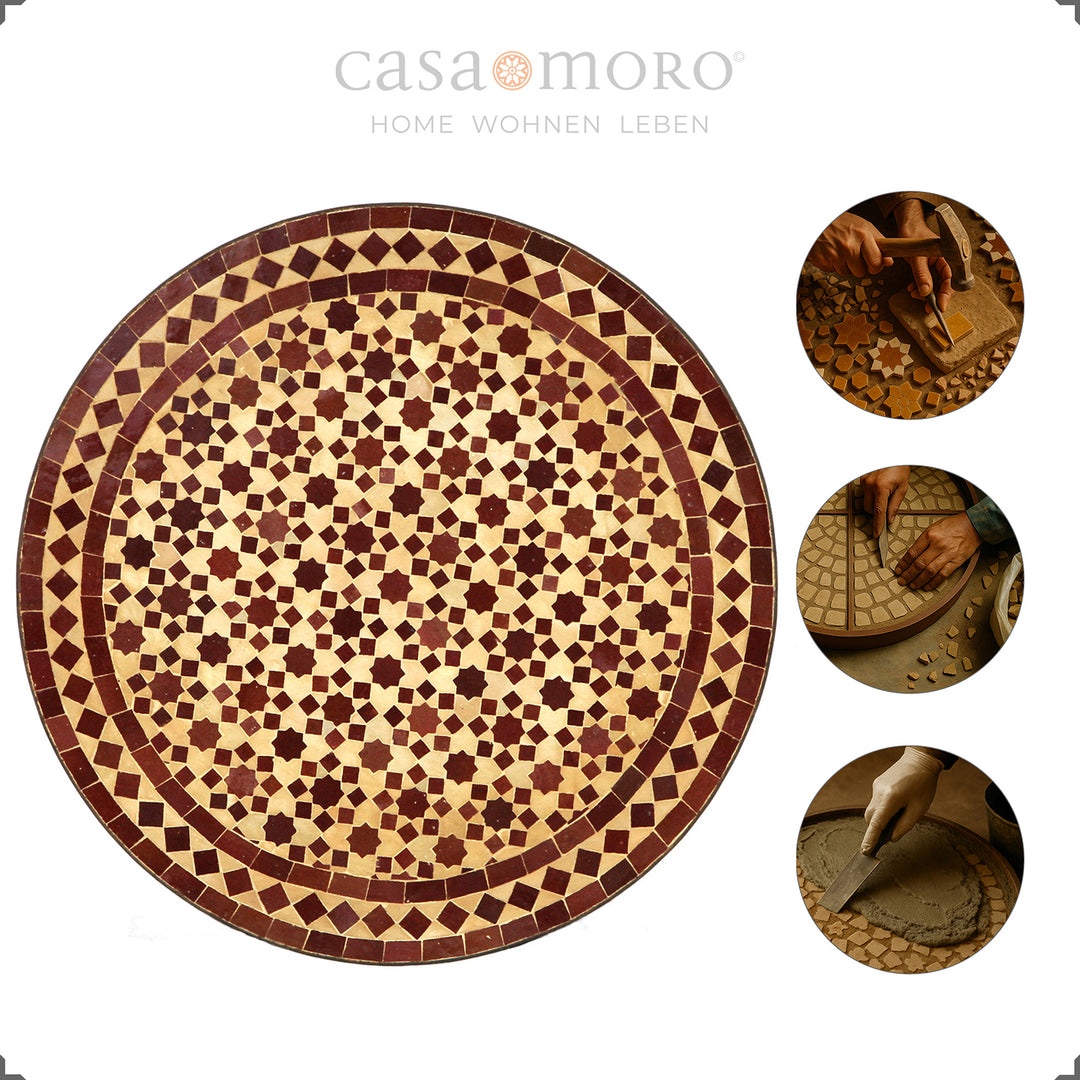 Tile table with burgundy pattern, round dining table from Morocco