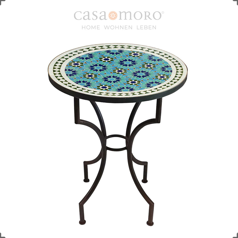 Zellige mosaic table in strong green tones and blue - table for two people, ideal for small areas