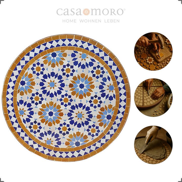 Blue-ochre-colored mosaic table with a classic round shape - compact coffee table or balcony table for two