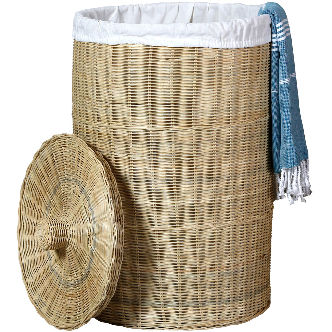 Round laundry basket with lid made of natural material, generous capacity of approx. 75 liters