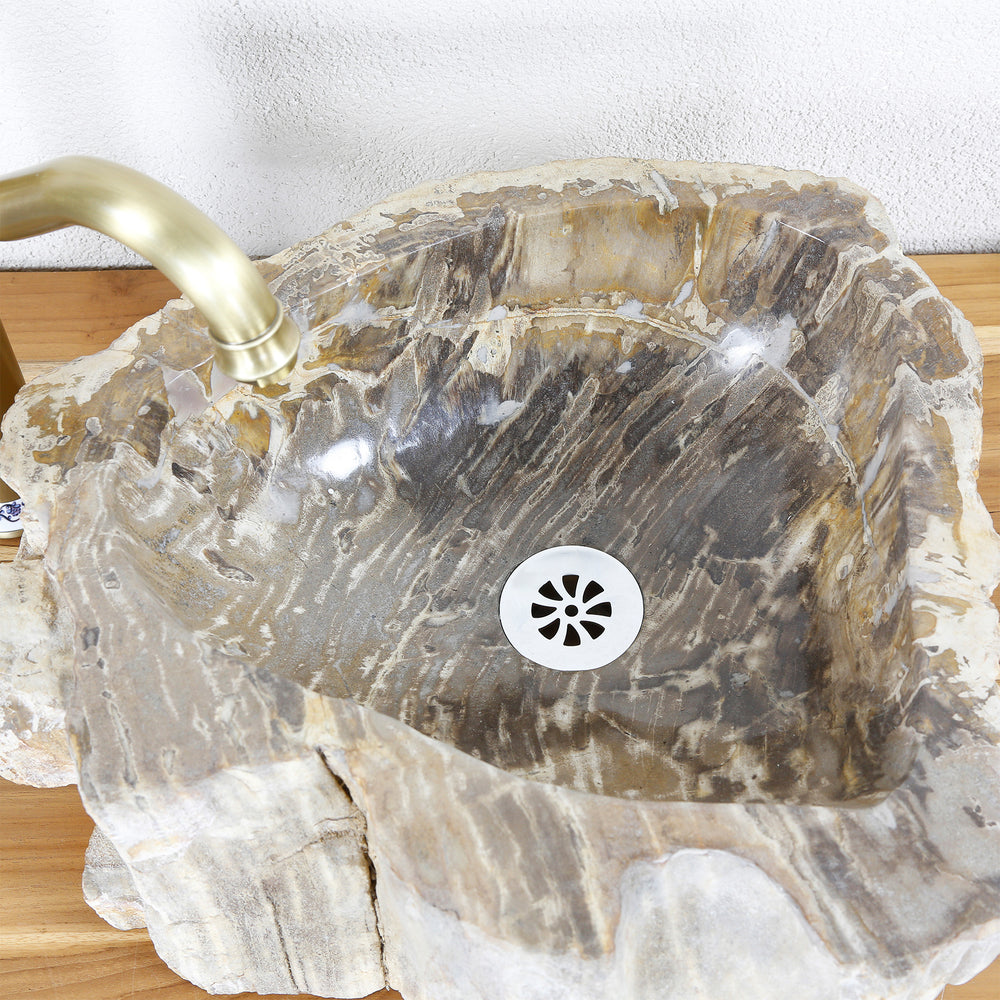 Natural stone Washbasin Made of fossil wood with expressive grain, interior view with drain and gently sanded surface.