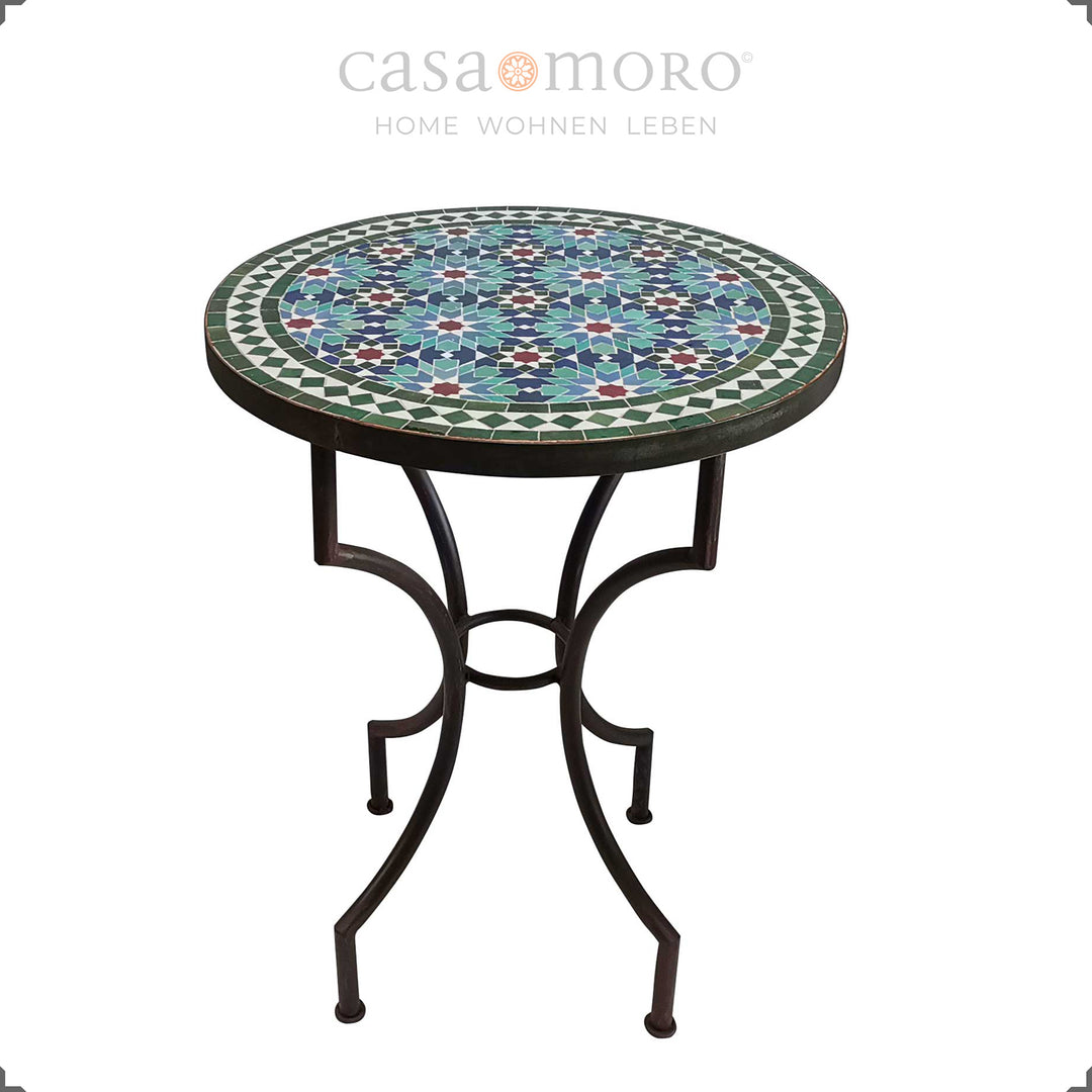 Bistro table with an oriental star pattern in turquoise, emerald, blue and white - compact table for balcony and kitchen