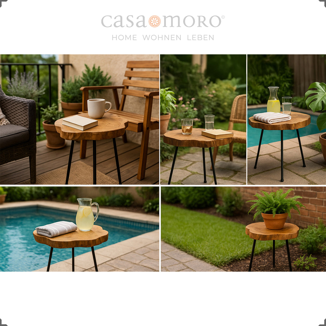 Narrow wooden storage table with black metal frame, modern