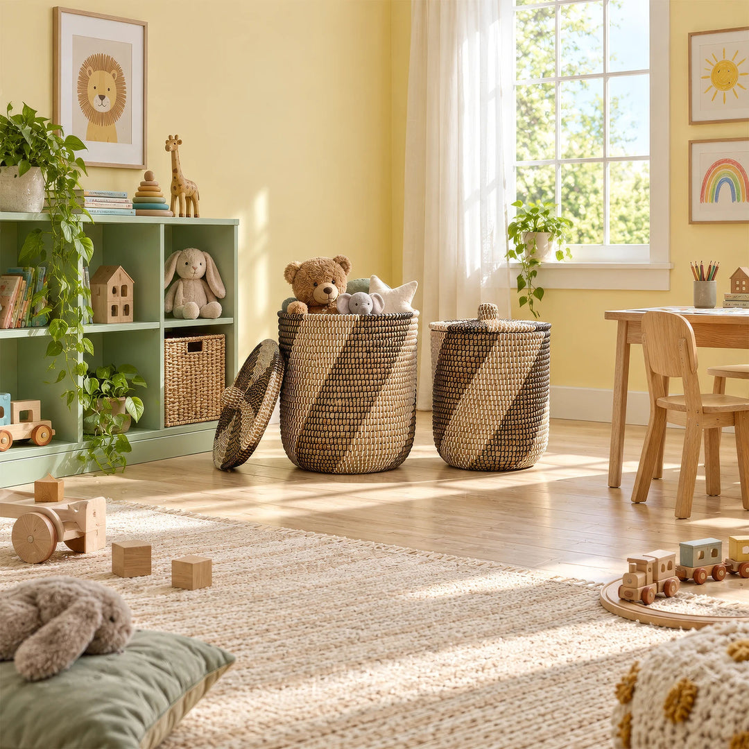 Two natural/black/white seagrass baskets in a child’s bedroom: large one open with soft toys, small one closed.