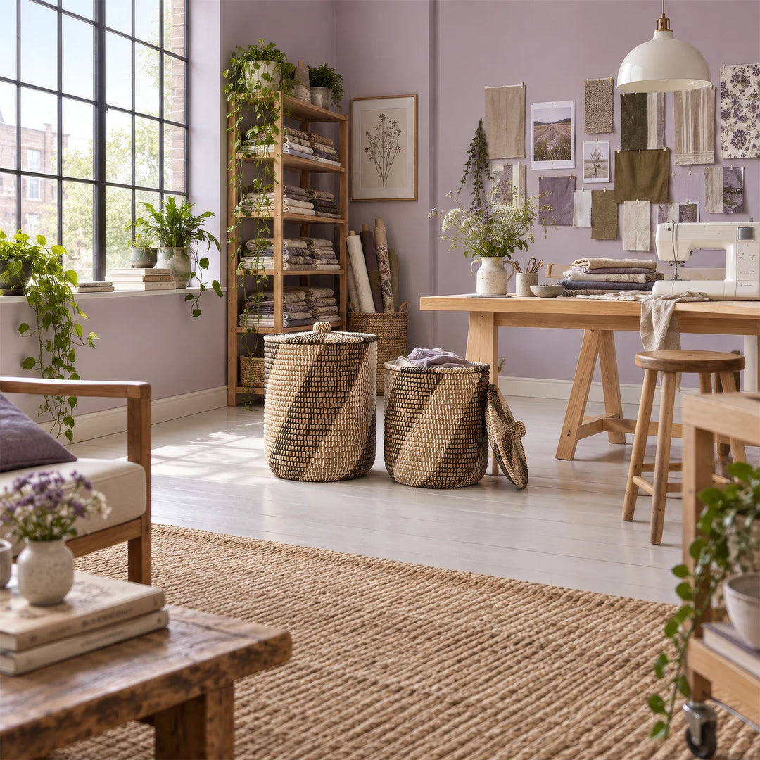Two open natural/black/white seagrass baskets with fabrics and leaning lids in a bright sewing room.