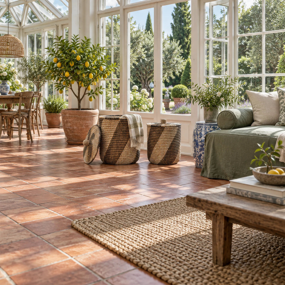 Natural/black/white seagrass baskets in the conservatory: larger one open with a blanket, smaller one closed.