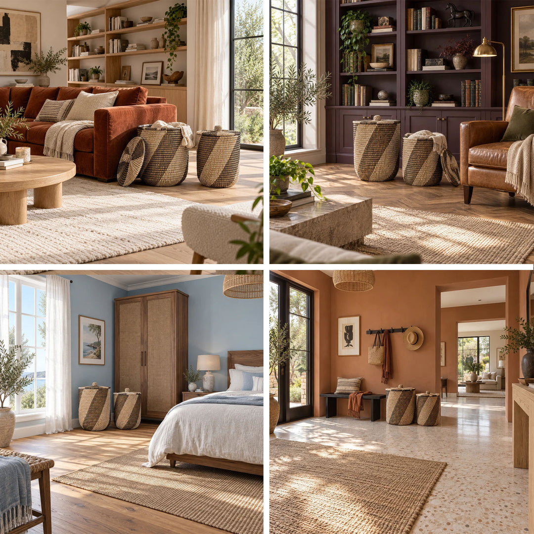 Collage: seagrass baskets, approx. 40 and 65 litres, in the living room, reading room, bedroom and hallway.