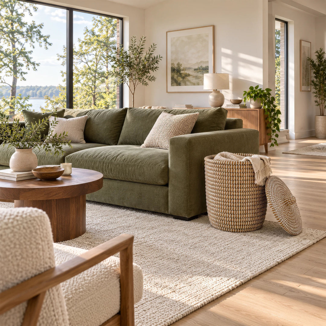Open seagrass basket, approximately 40 litres, with pale blanket and leaning lid beside a green sofa.