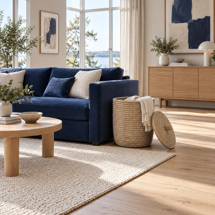 A seagrass basket with a capacity of about 65 liters, a light-colored top, and a lid resting against it, next to a blue sofa.