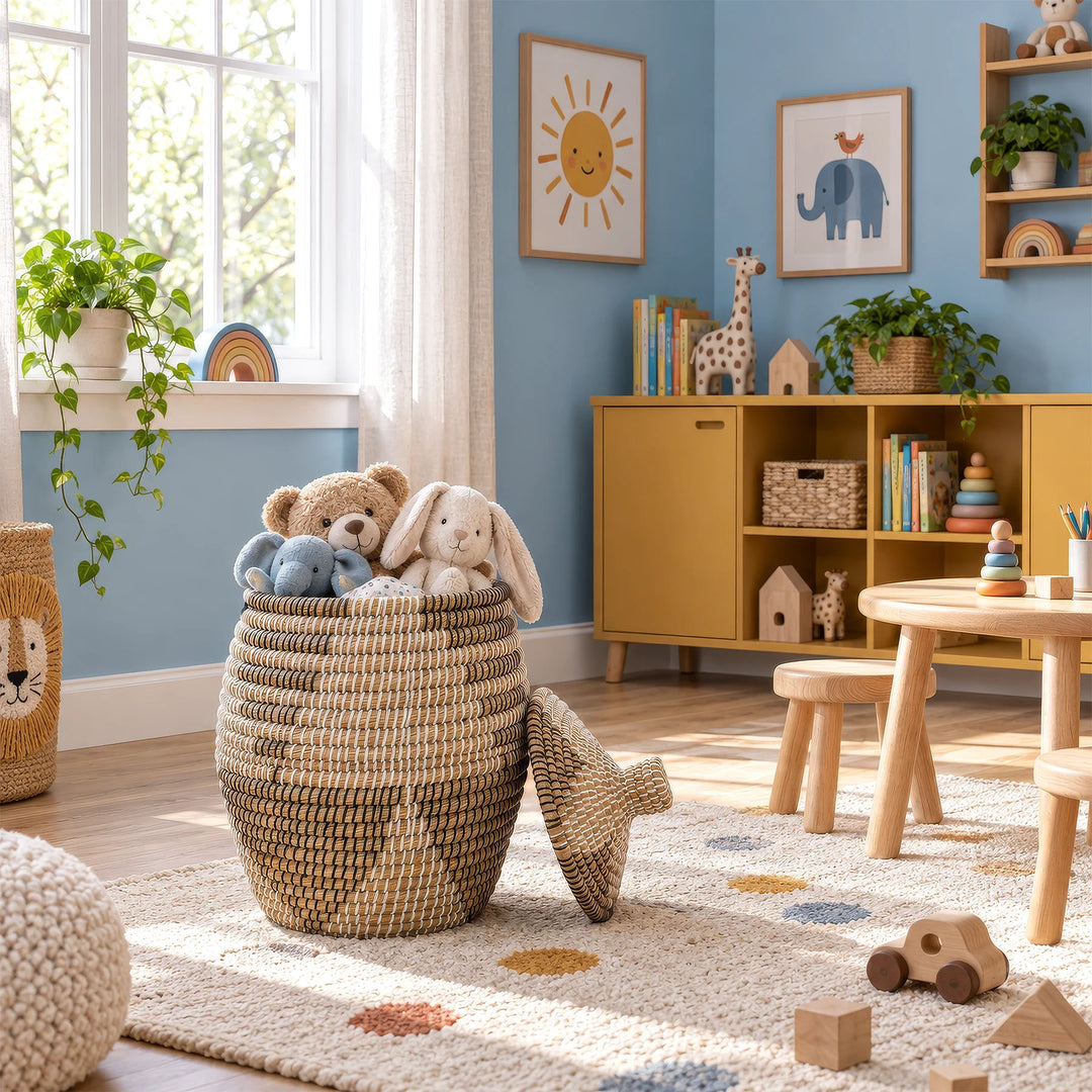 Seagrass basket in natural/brown/black/white with a capacity of about 30 liters and stuffed animals in the children's room.