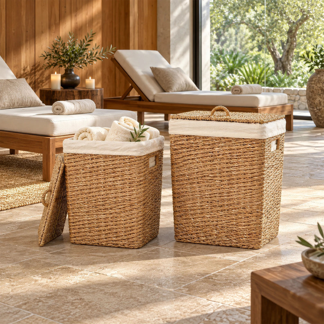 Two seagrass storage baskets with lids, with capacities of 50 and 90 liters, in the spa; a small basket with towels.