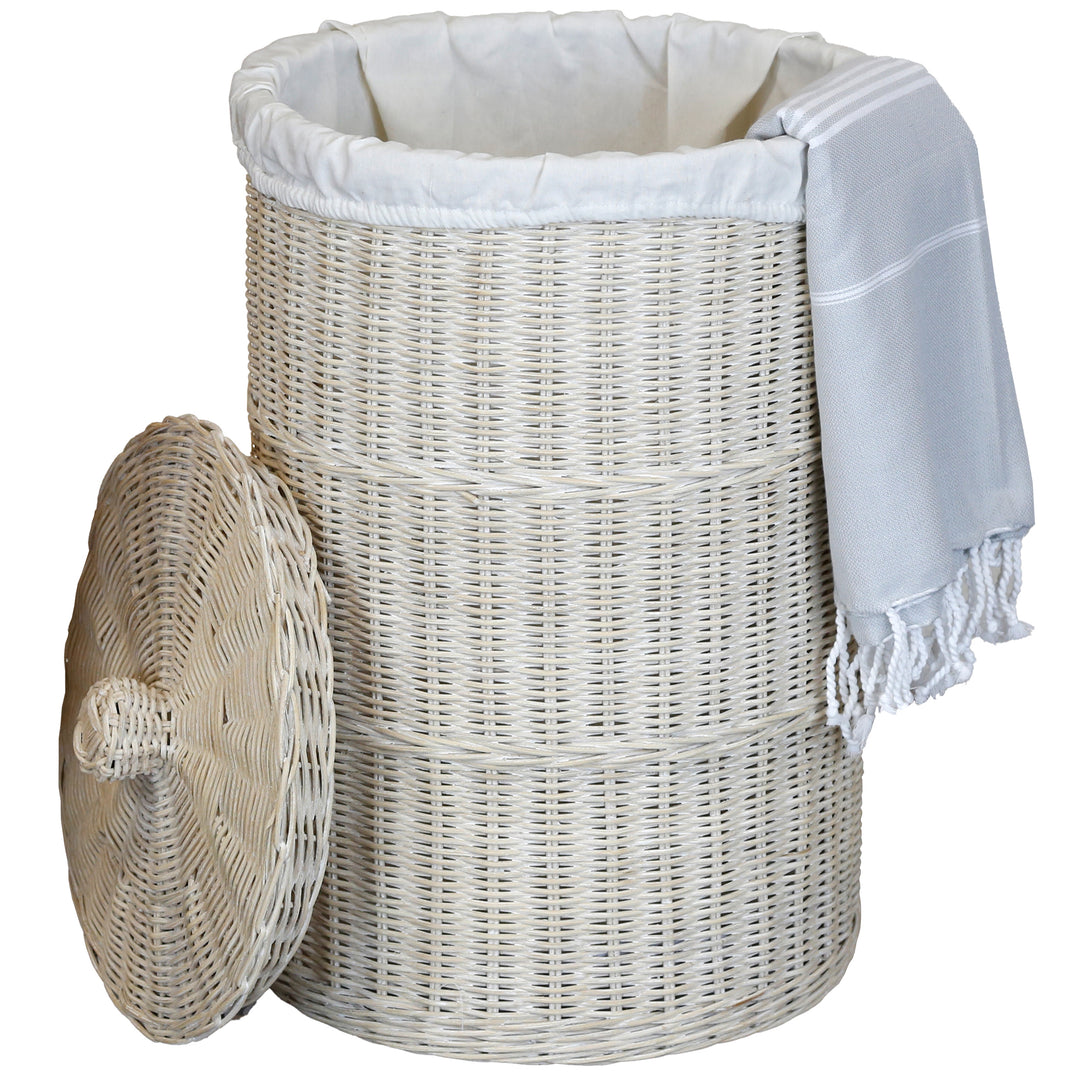 White woven storage basket with round lid and fabric insert, machine washable at 30°C