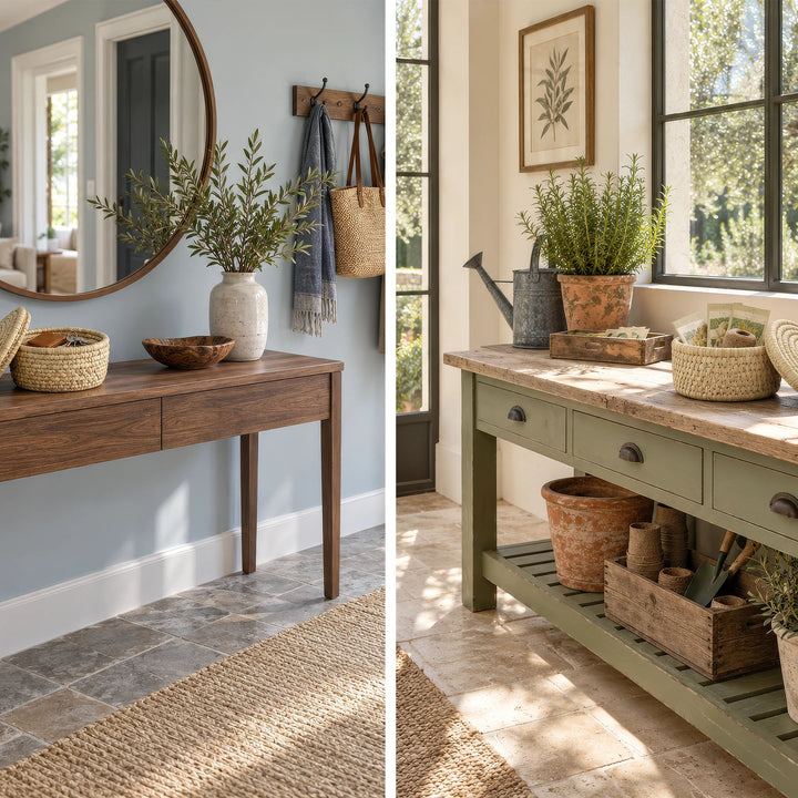 Small palm leaf basket in two scenes: on a hallway console with everyday objects and on a potting table.