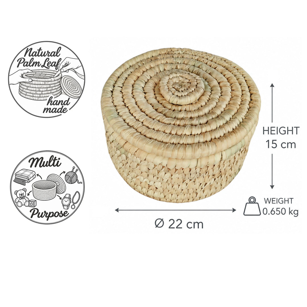 Palm leaf basket dimensions: diameter 22 cm, height 15 cm, 0.65 kg; symbols for natural material and handcraft.