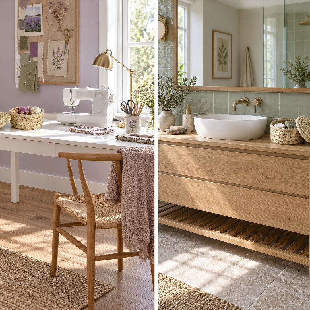Palm leaf basket in two settings: at a sewing table with accessories and on a surface beside the washbasin.