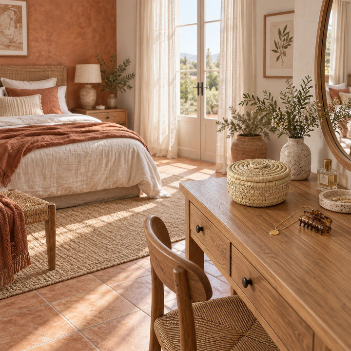 Small palm leaf basket with closed spiral-pattern lid on a wooden dressing table in a bright bedroom.