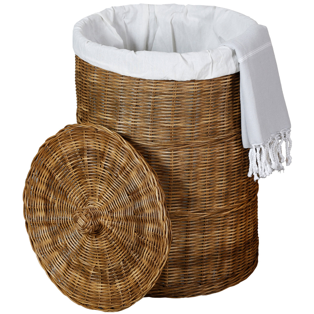Dark brown rattan storage basket with removable lid and white cotton insert