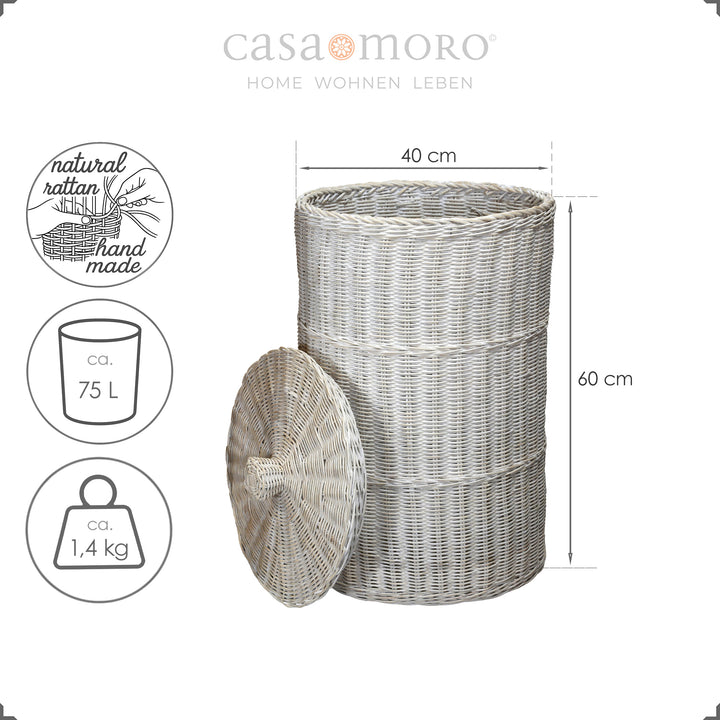 Round storage basket made of white wash rattan with a volume of approx. 75 liters and a height of 60 cm, handmade