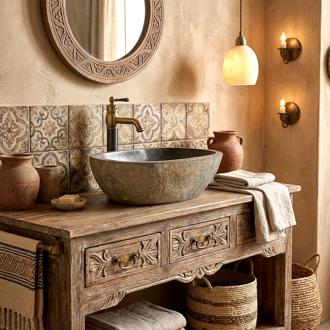 Countertop basin made of river stone in the warm oriental bathroom on a wooden washbasin, combined with brass fittings and a handcrafted ambience